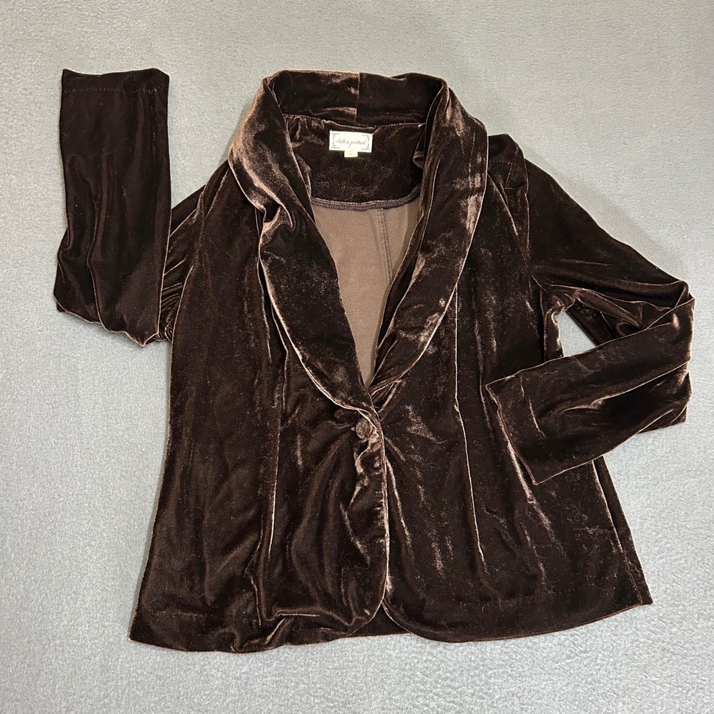Cloth & Portrait Blazer Womens Small Brown Velvet Shawl Collar Stretch Jacket
